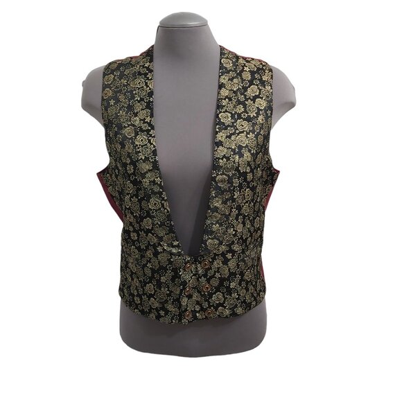 Vest - Black and Metallic Gold Brocade Fabric Burgundy Lining - Medium - Unisex - Picture 1 of 11
